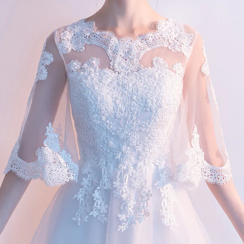 White Tulle with Lace Short Sleeves Layers Tulle Prom Dress, White Simple Wedding Party Dress