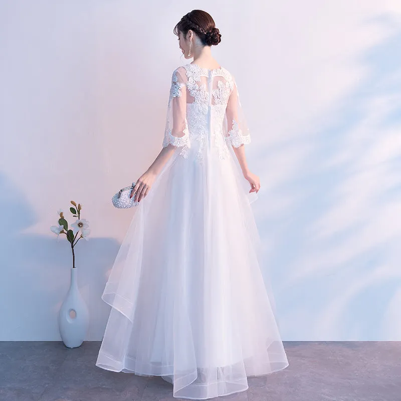 White Tulle with Lace Short Sleeves Layers Tulle Prom Dress, White Simple Wedding Party Dress