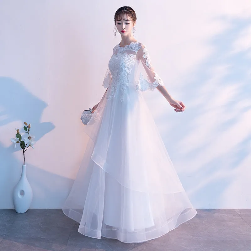 White Tulle with Lace Short Sleeves Layers Tulle Prom Dress, White Simple Wedding Party Dress