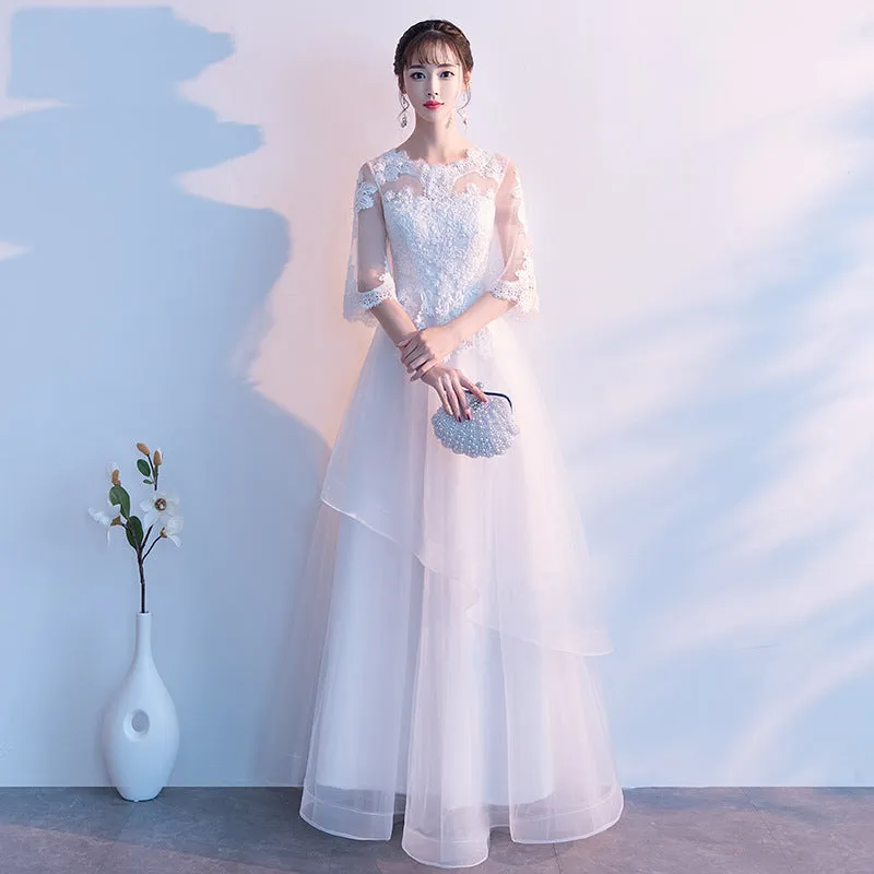 White Tulle with Lace Short Sleeves Layers Tulle Prom Dress, White Simple Wedding Party Dress
