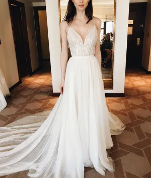 White v neck chiffon sequin beads long prom dress, white evening dress