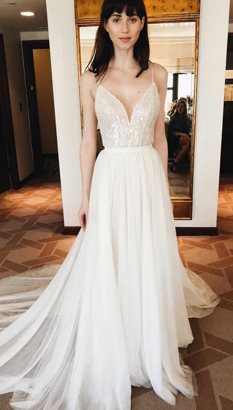 White v neck chiffon sequin beads long prom dress, white evening dress