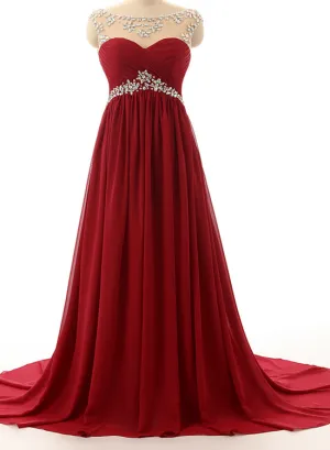 Wine Red Chiffon Beaded Long Handmade Prom Dress, Elegant Party Dress, Pretty Formal Dress