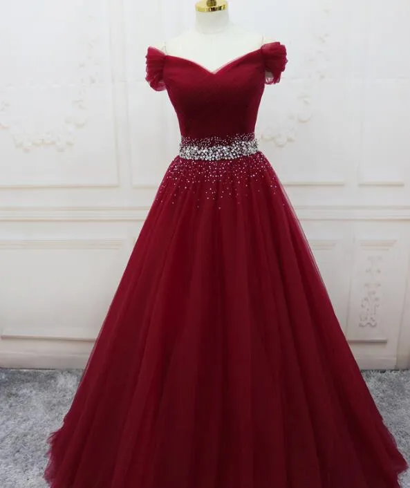 Wine Red Elegant Princess Gown, Handmade Off Shoulder Ball Gowns, Party Dress