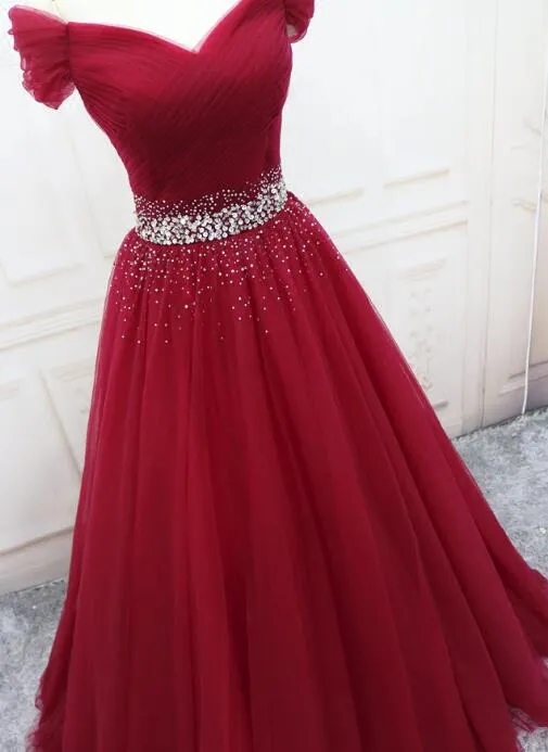 Wine Red Elegant Princess Gown, Handmade Off Shoulder Ball Gowns, Party Dress