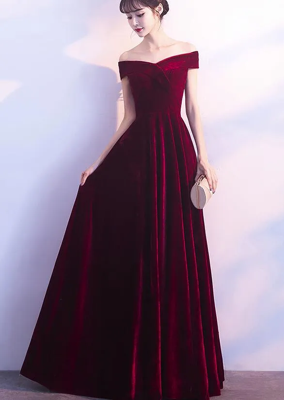 Wine Red Off Shoulder Velvet Long Wedding Party Dress, Charming Formal Gown
