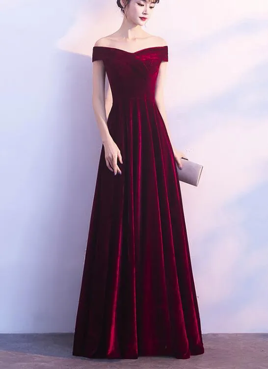 Wine Red Off Shoulder Velvet Long Wedding Party Dress, Charming Formal Gown