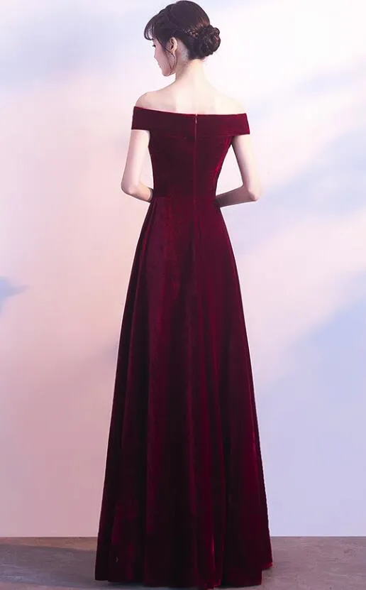 Wine Red Off Shoulder Velvet Long Wedding Party Dress, Charming Formal Gown