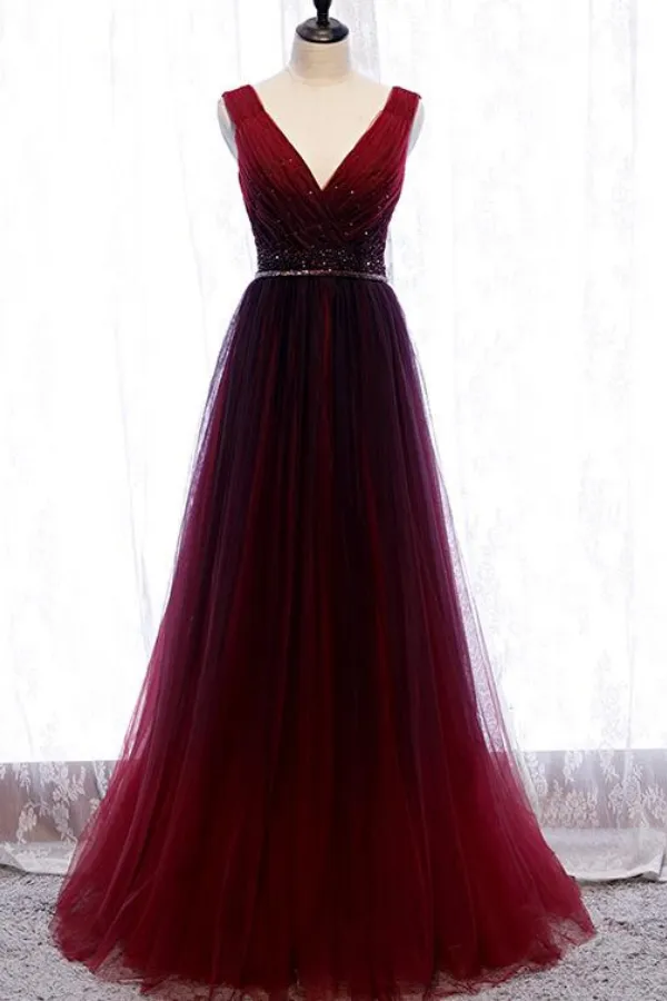 Wine Red V Neckline Beaded Tulle Long Party Dress, A Line Gradient Prom Dress APP0862