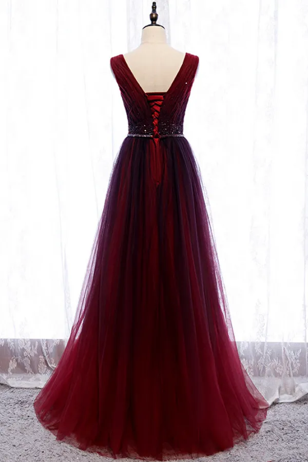 Wine Red V Neckline Beaded Tulle Long Party Dress, A Line Gradient Prom Dress APP0862