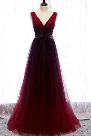 Wine Red V Neckline Beaded Tulle Long Party Dress, A Line Gradient Prom Dress APP0862
