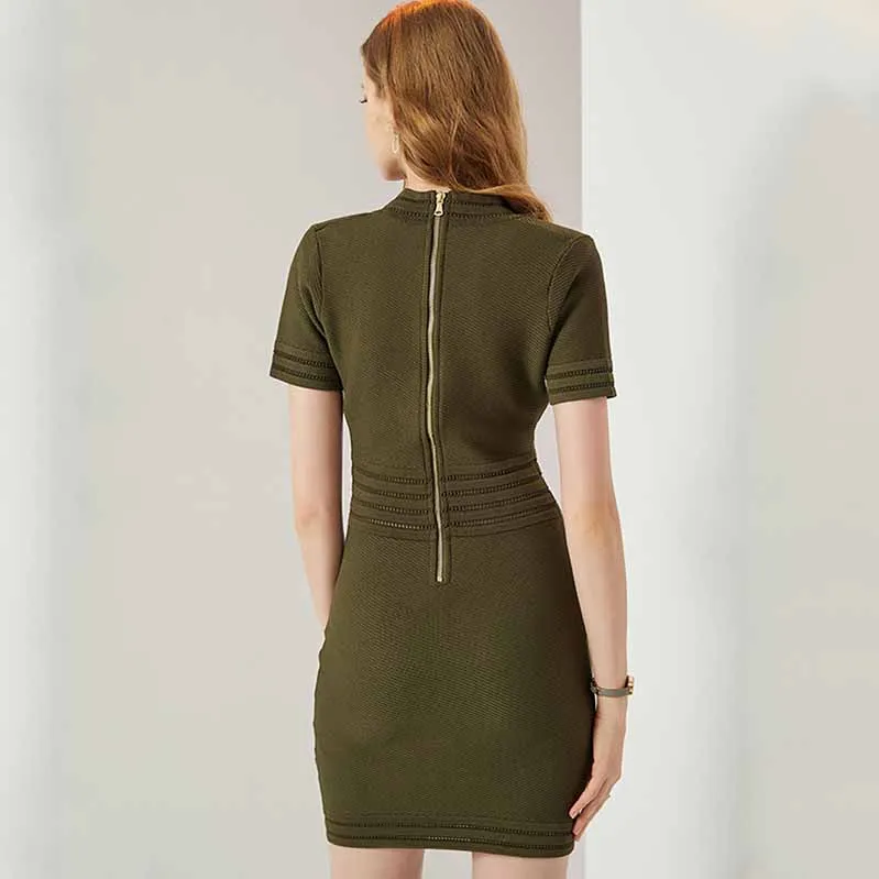 Women Button-up Knitted Minidress Ribbed-knit Short-sleeve Dress