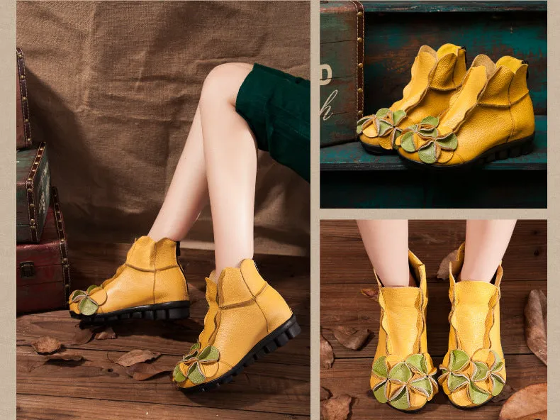 Women Flat Leather Boots Handmade Soft Sole Comfortable Vintage Shoes