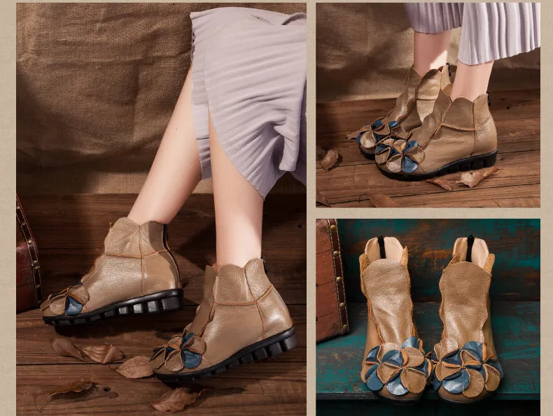 Women Flat Leather Boots Handmade Soft Sole Comfortable Vintage Shoes