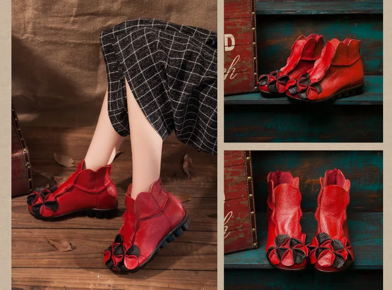 Women Flat Leather Boots Handmade Soft Sole Comfortable Vintage Shoes