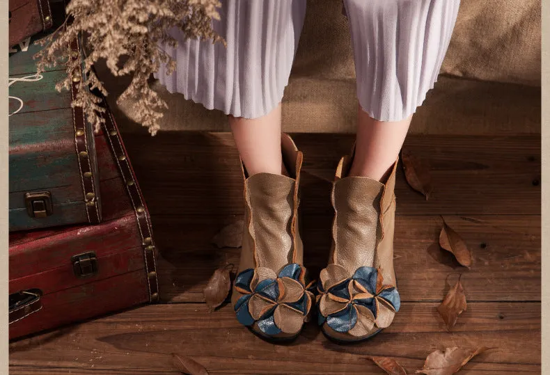 Women Flat Leather Boots Handmade Soft Sole Comfortable Vintage Shoes