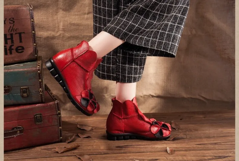 Women Flat Leather Boots Handmade Soft Sole Comfortable Vintage Shoes