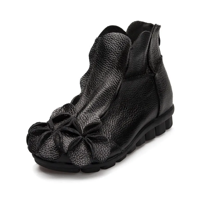 Women Flat Leather Boots Handmade Soft Sole Comfortable Vintage Shoes