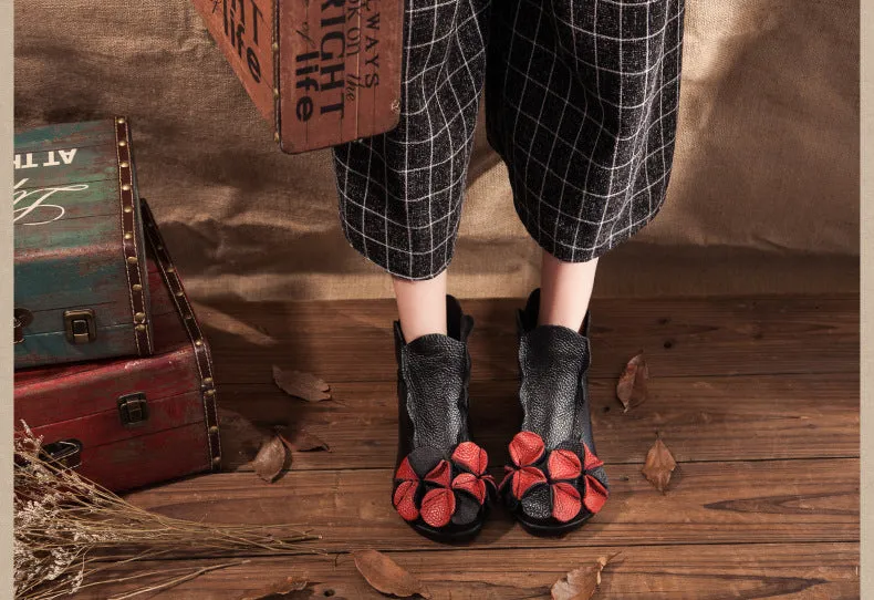 Women Flat Leather Boots Handmade Soft Sole Comfortable Vintage Shoes
