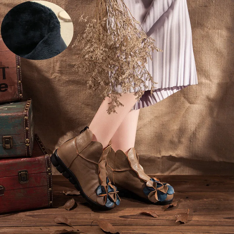 Women Flat Leather Boots Handmade Soft Sole Comfortable Vintage Shoes