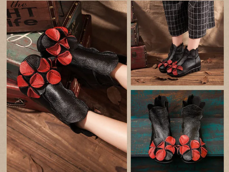 Women Flat Leather Boots Handmade Soft Sole Comfortable Vintage Shoes