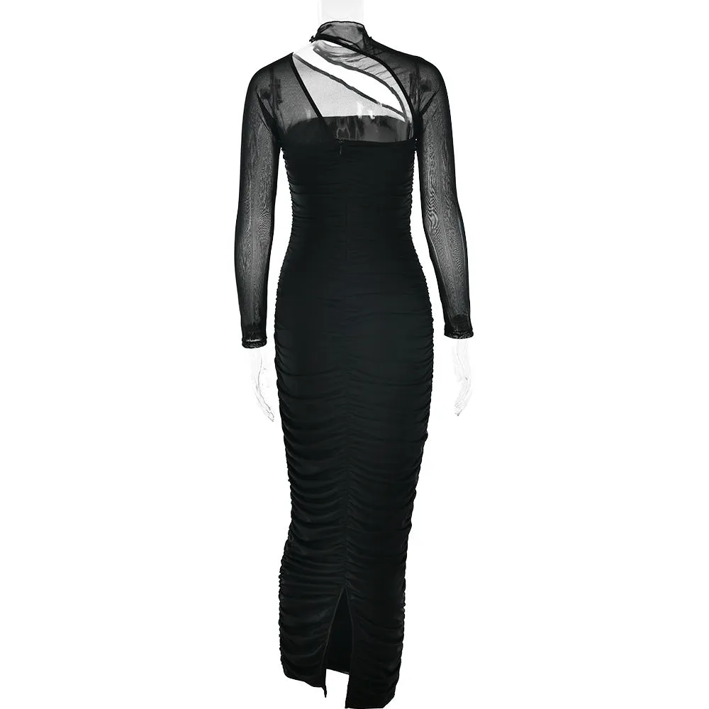 Women Mesh Long Sleeve Backless Pleated Formal Dress