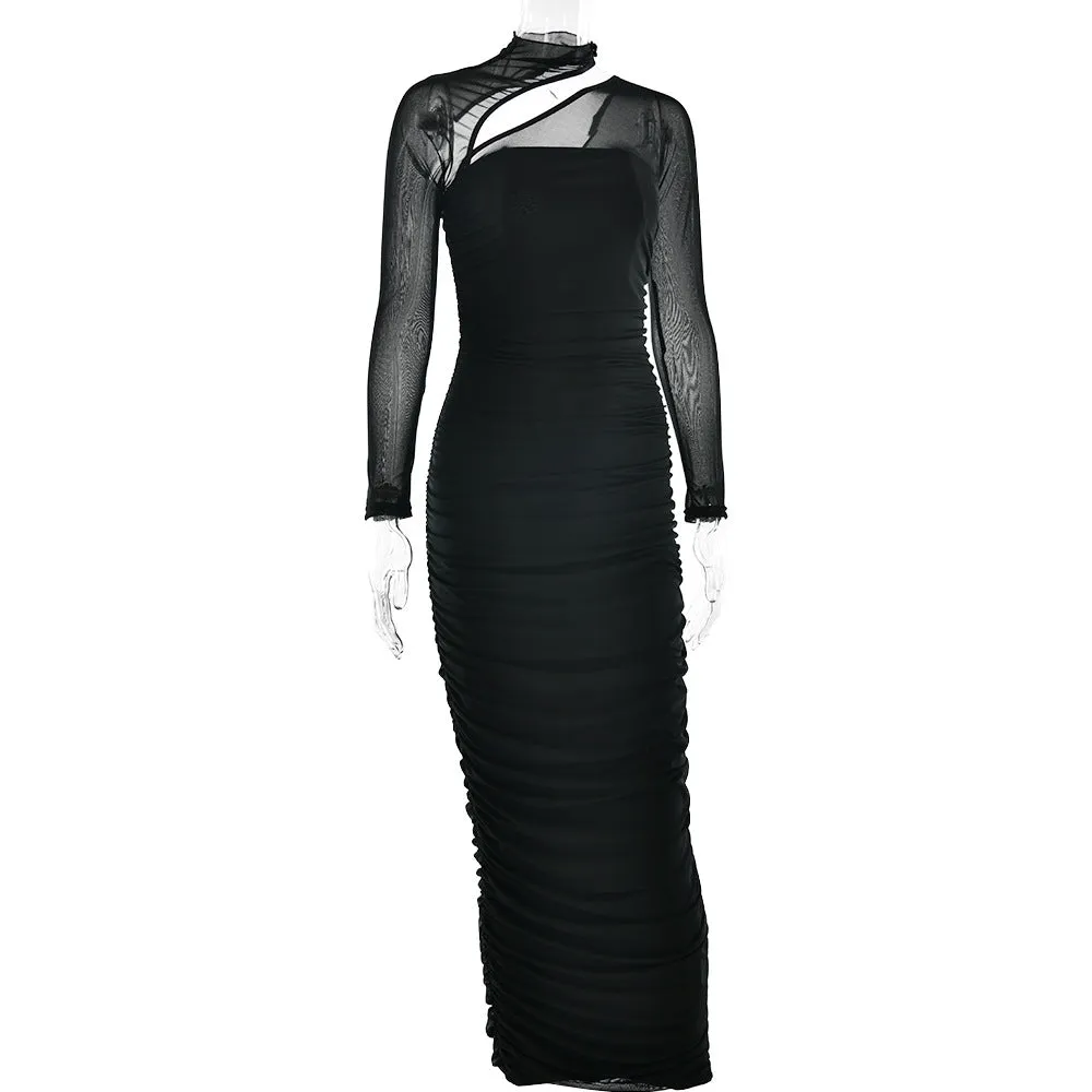 Women Mesh Long Sleeve Backless Pleated Formal Dress
