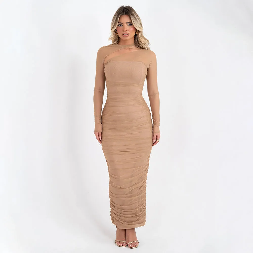 Women Mesh Long Sleeve Backless Pleated Formal Dress