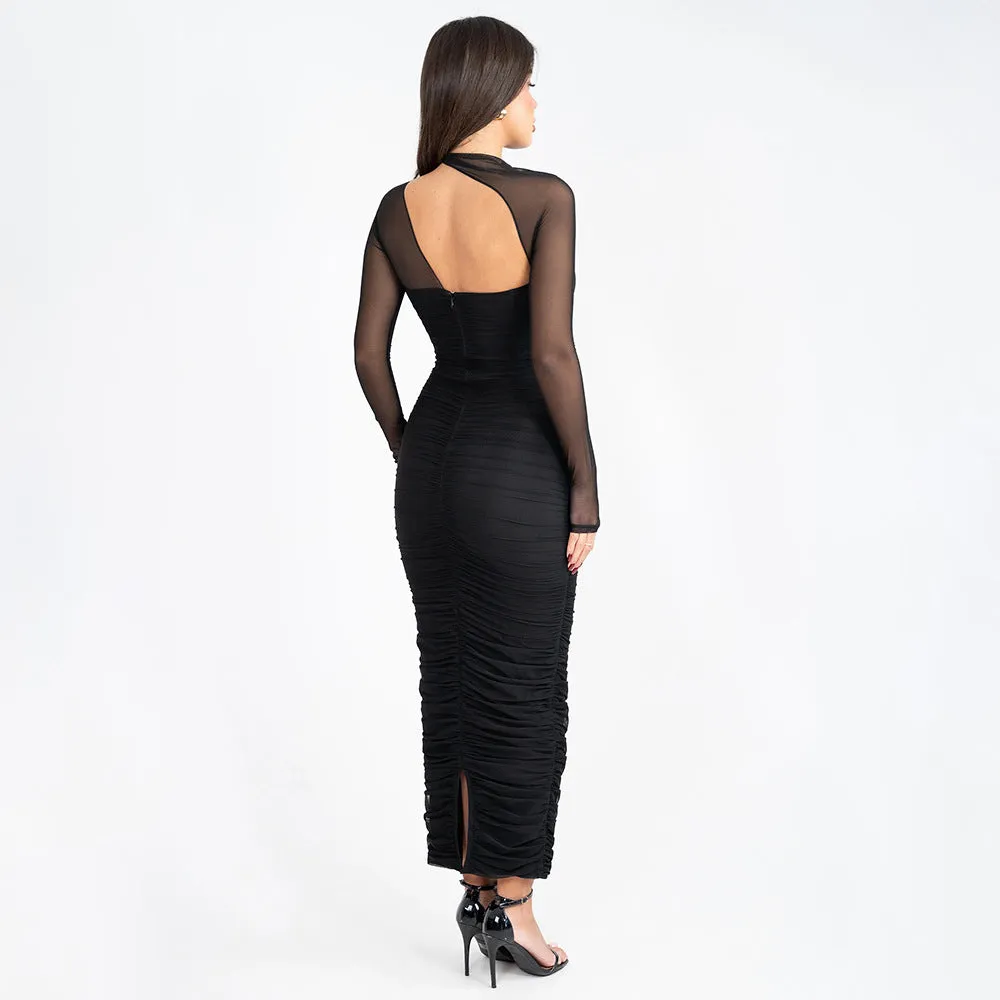 Women Mesh Long Sleeve Backless Pleated Formal Dress