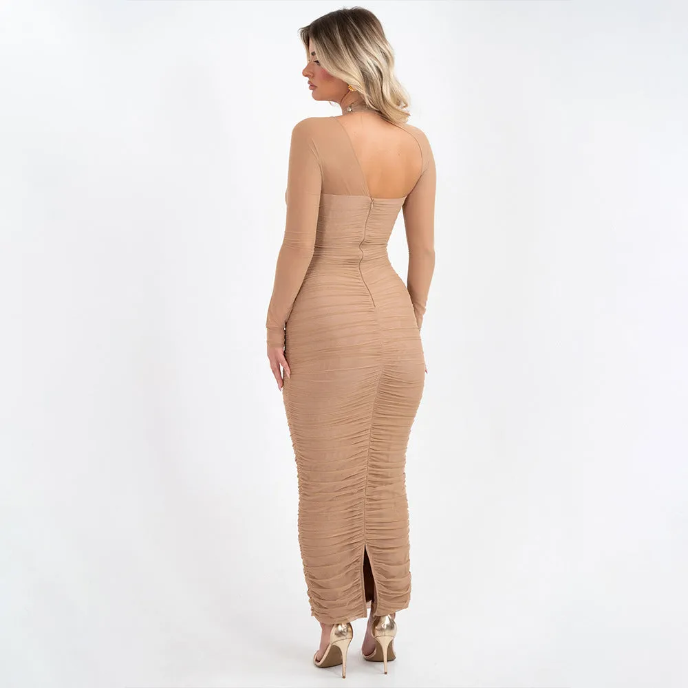 Women Mesh Long Sleeve Backless Pleated Formal Dress