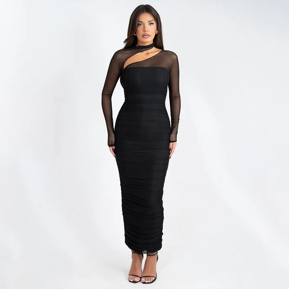 Women Mesh Long Sleeve Backless Pleated Formal Dress