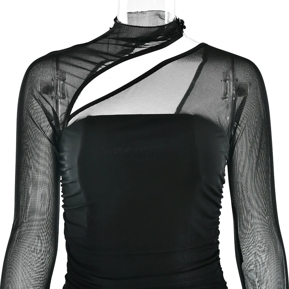 Women Mesh Long Sleeve Backless Pleated Formal Dress
