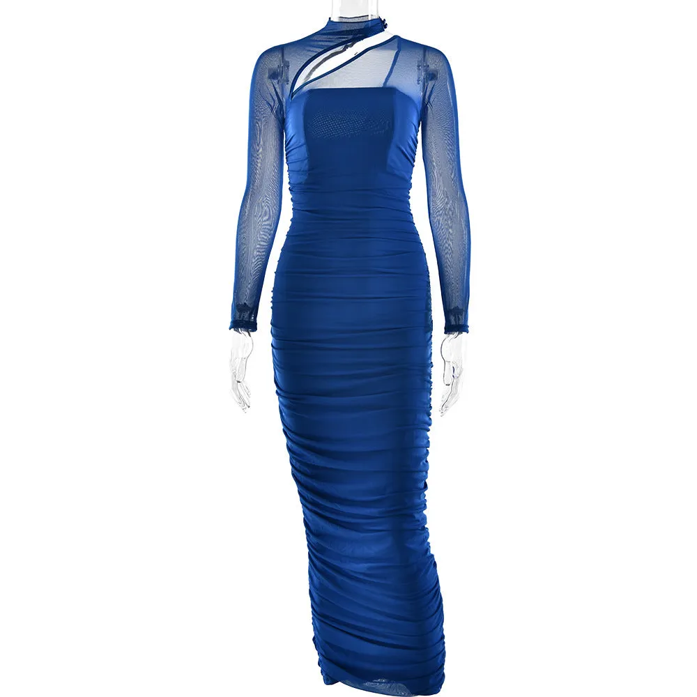 Women Mesh Long Sleeve Backless Pleated Formal Dress