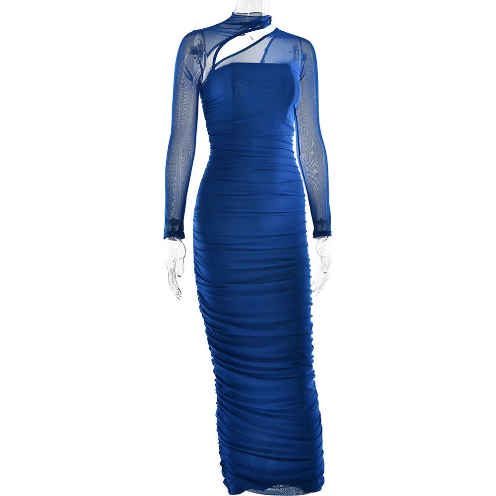 Women Mesh Long Sleeve Backless Pleated Formal Dress