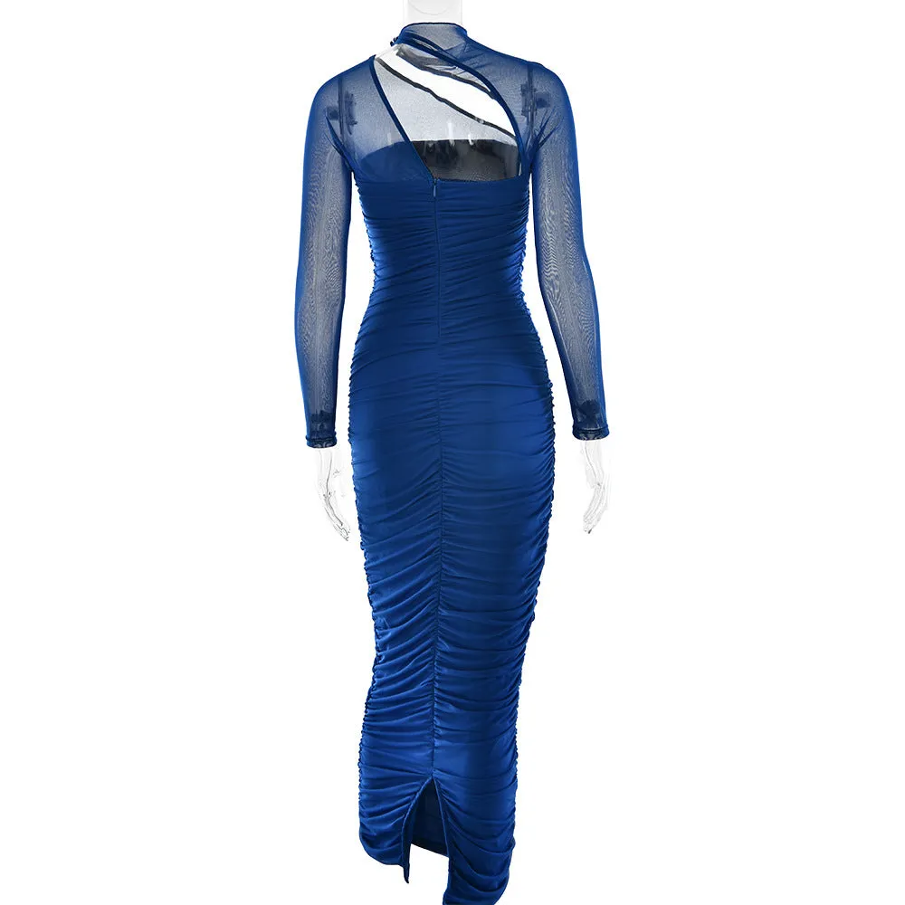 Women Mesh Long Sleeve Backless Pleated Formal Dress