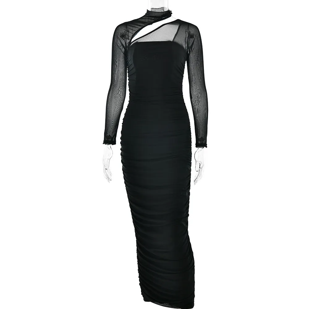 Women Mesh Long Sleeve Backless Pleated Formal Dress