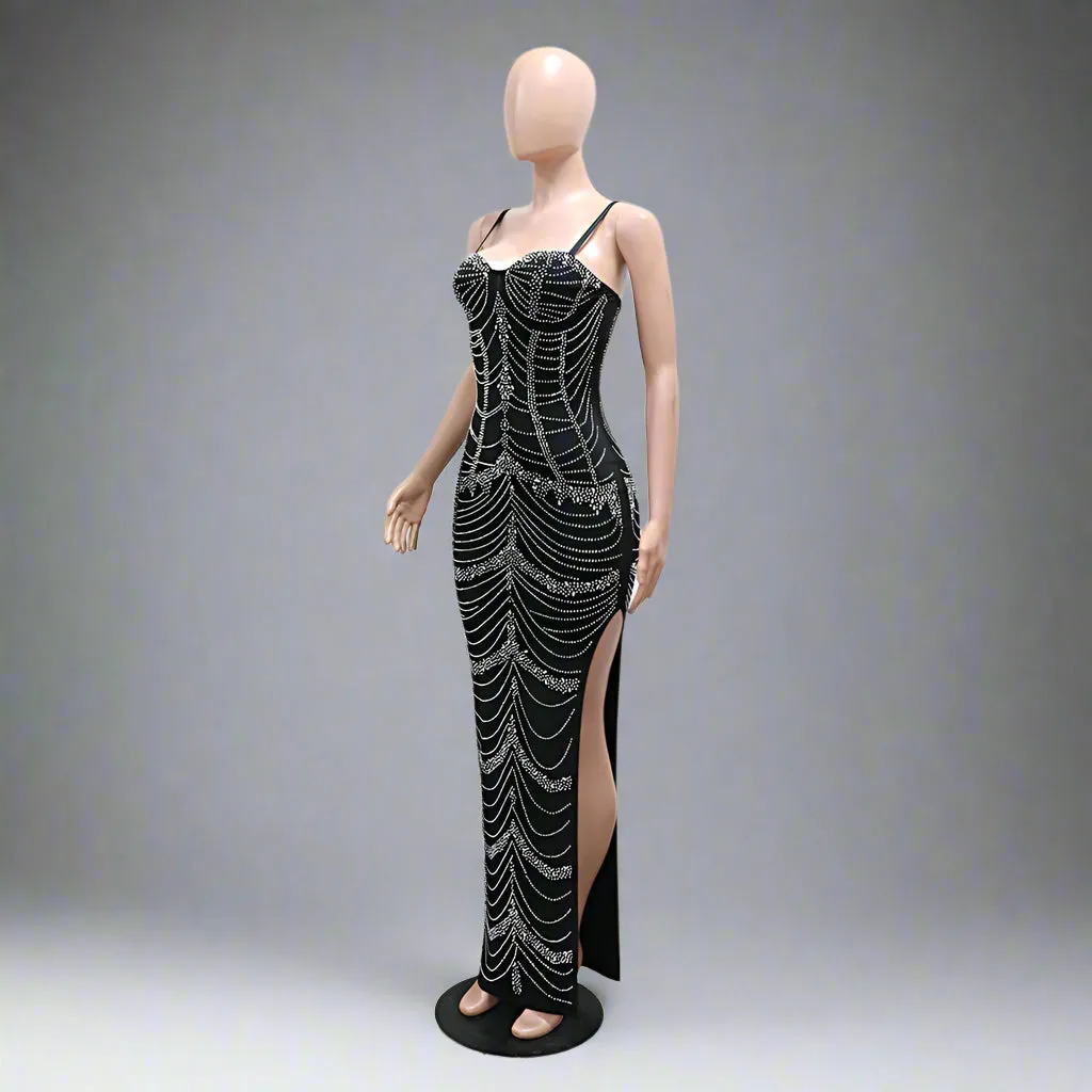 Women Rhinestone Sexy Sheath Split Party Dress