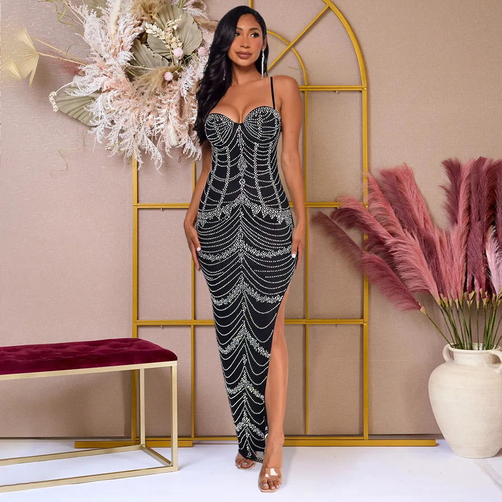 Women Rhinestone Sexy Sheath Split Party Dress