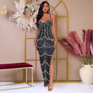 Women Rhinestone Sexy Sheath Split Party Dress