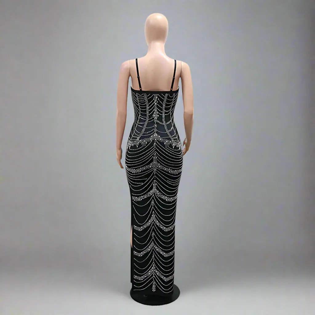 Women Rhinestone Sexy Sheath Split Party Dress