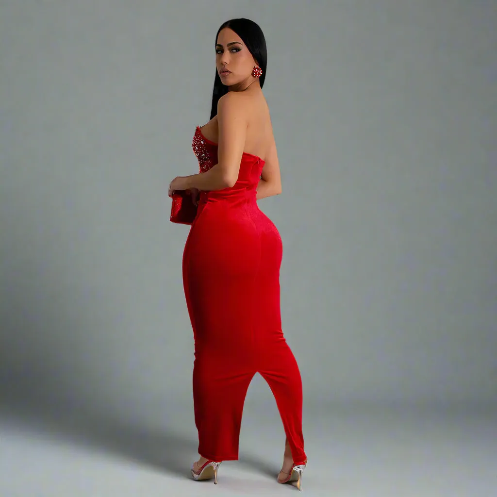 Women Sexy off Shoulder Beaded Split Party Dress