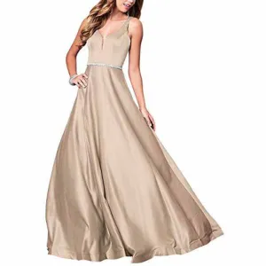 Women's V neck Satin Prom Dresses Sleeveless Formal Party Gowns Bridesmaid Dress