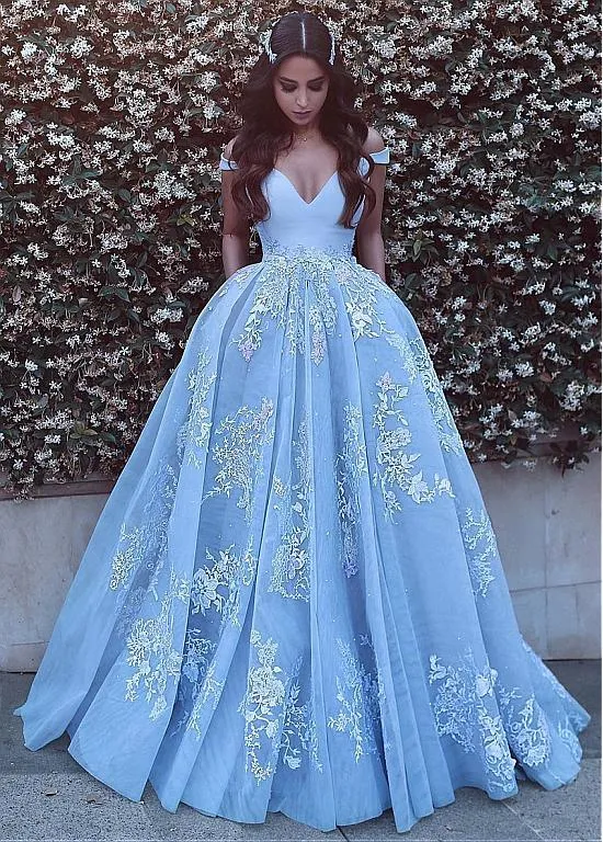 Wonderful Ball Gown Appliques Prom Dresses,Formal Blue Evening Dress,Quinceanera Dresses OK357
