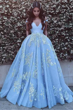 Wonderful Ball Gown Appliques Prom Dresses,Formal Blue Evening Dress,Quinceanera Dresses OK357