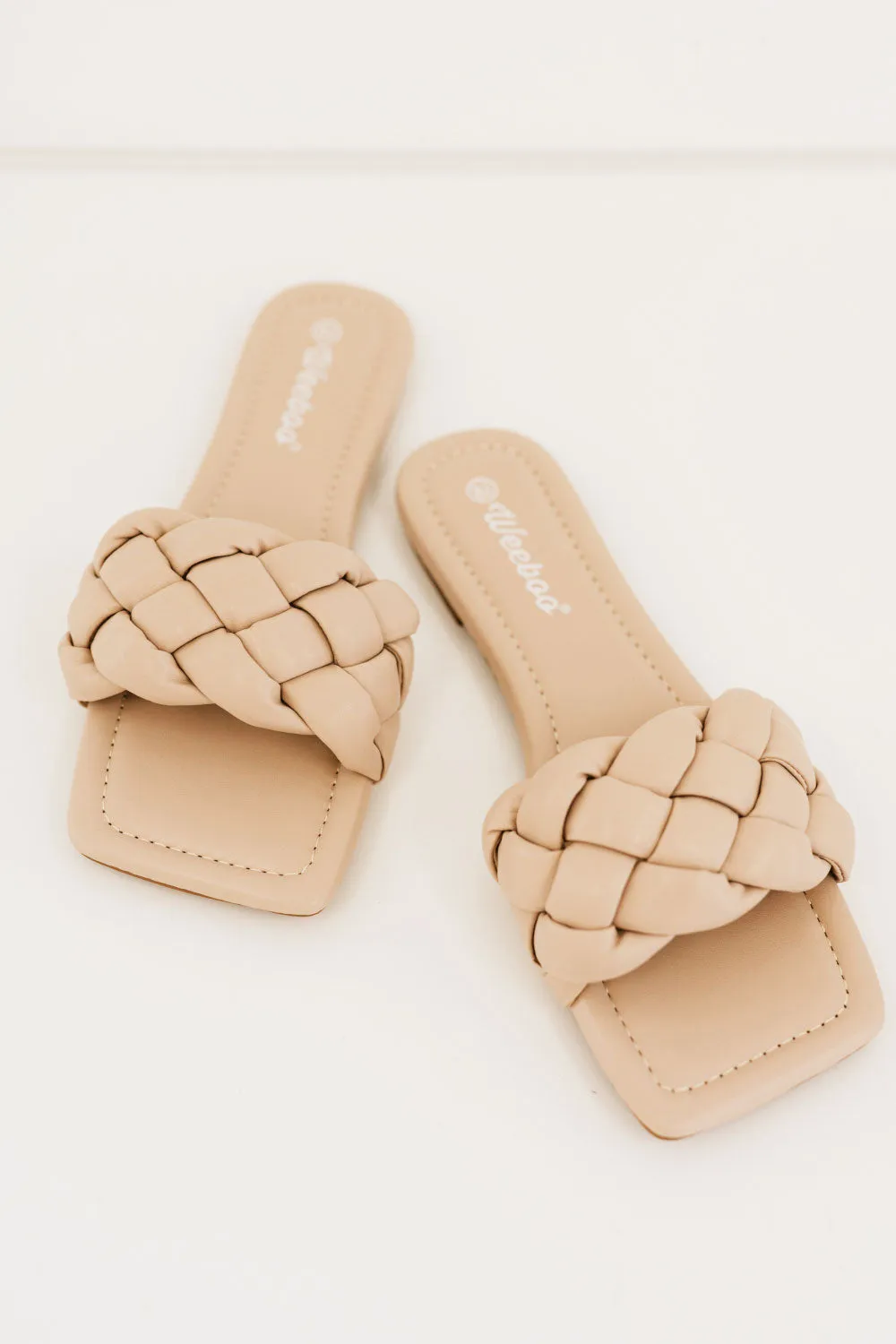 Woven Square Toe Slides - Nude