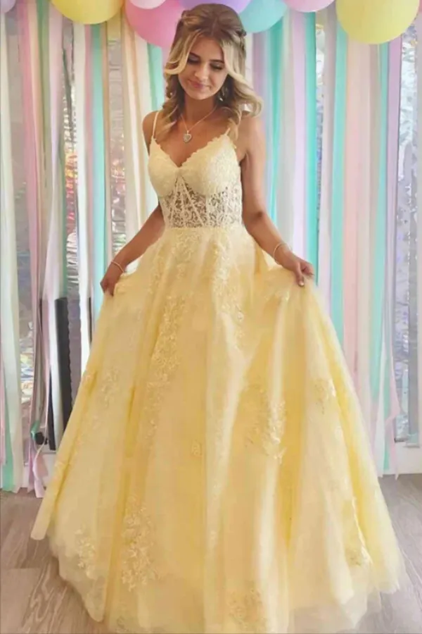 Yellow A Line Lace Appliques Spaghetti Straps Prom Dresses, Evening Gown APP0698