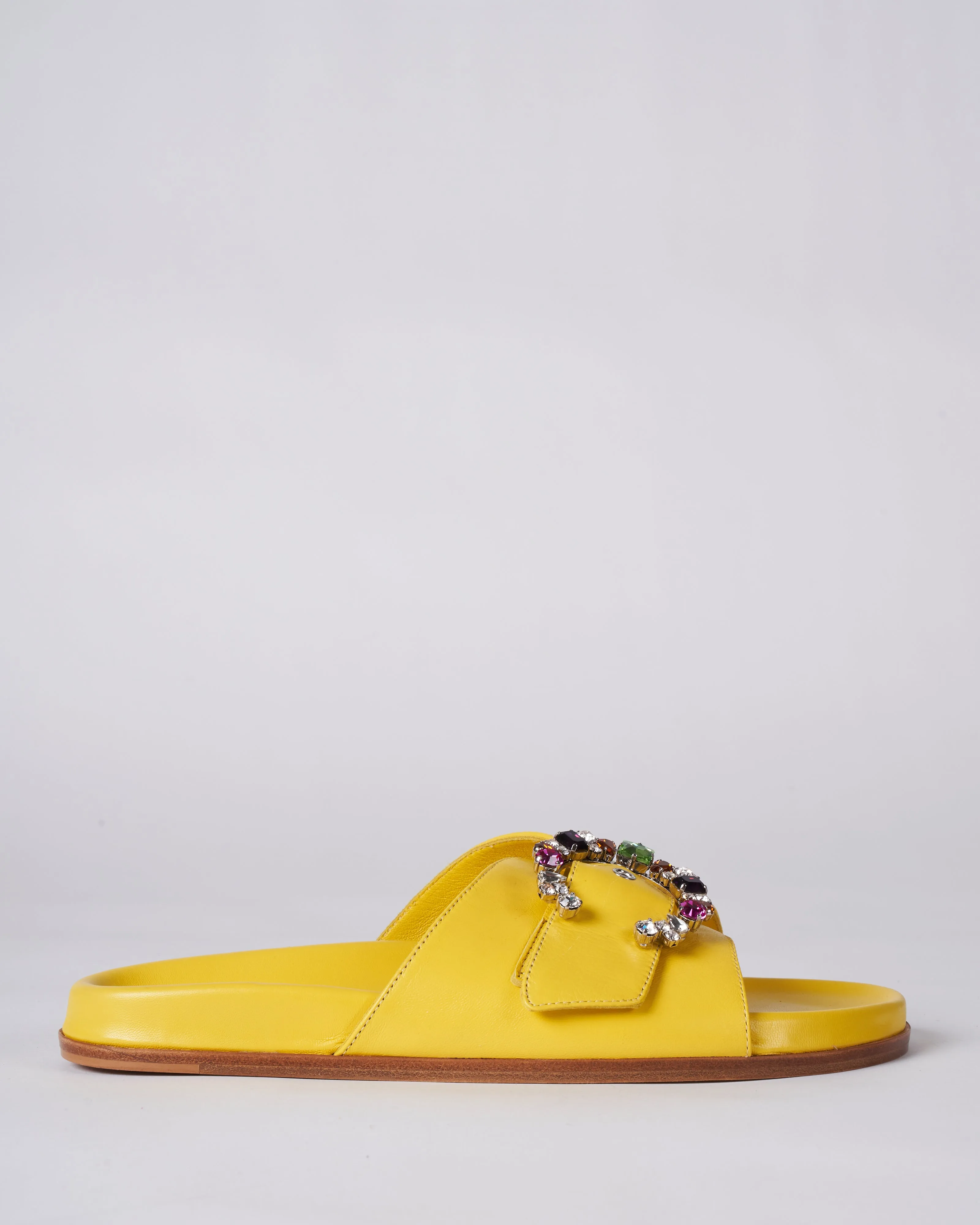 yellow flat sandal with multi colored crystal adjustable strap