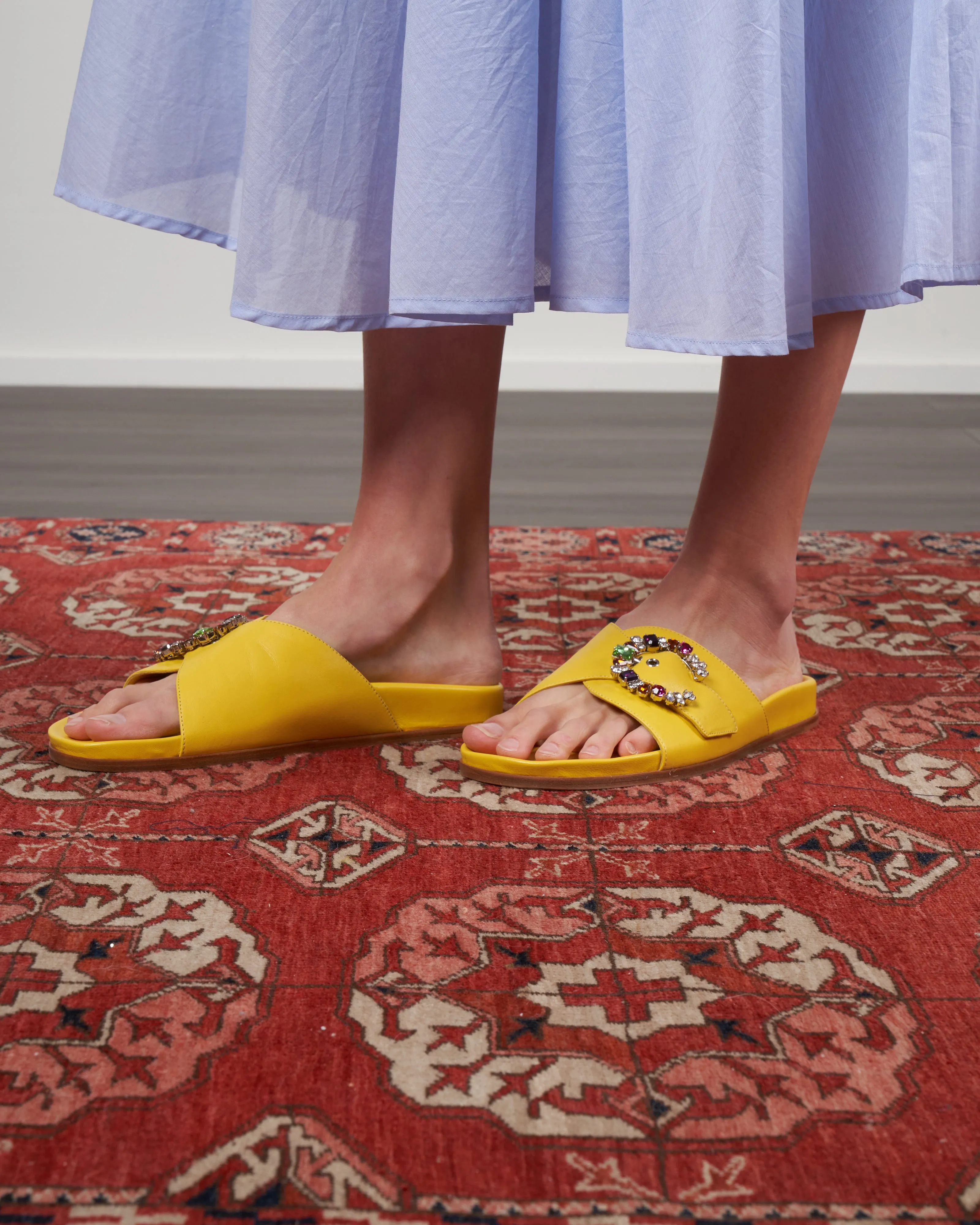yellow flat sandal with multi colored crystal adjustable strap