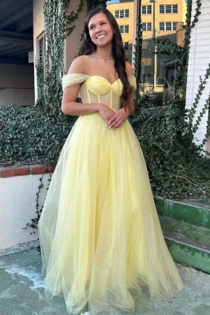 Yellow Off-the-Shoulder Bustier A-Line Tulle Prom Dress Formal Dress PSK376